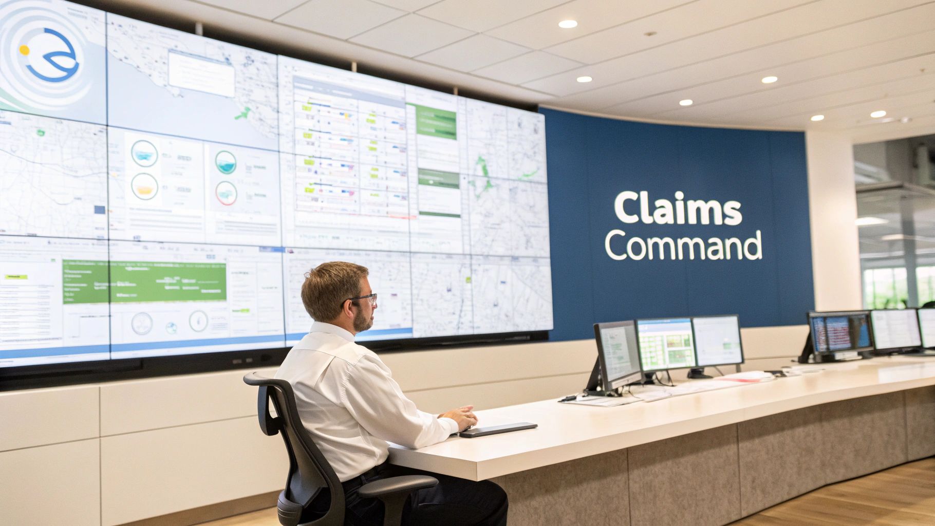 Man working at a desk in a modern claims command center with a large video wall displaying data and maps.