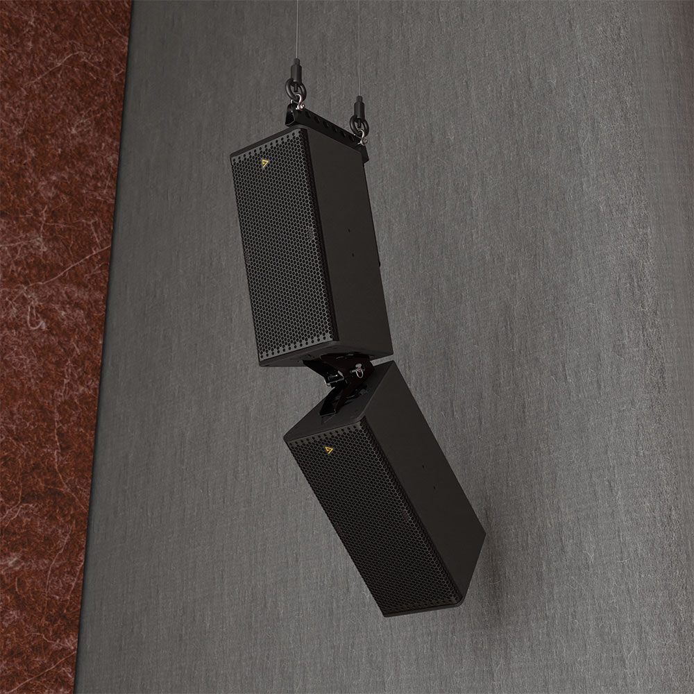 Black speakers hanging from ceiling mount
