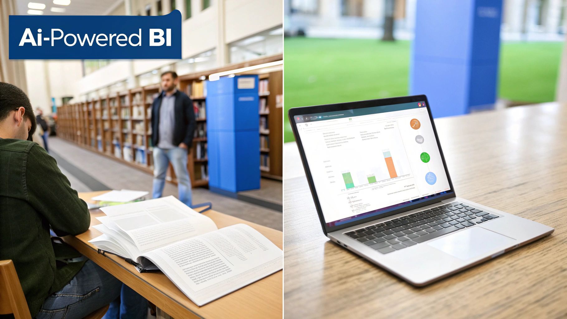 A split image showing a student studying in a library and a laptop displaying an AI-Powered BI dashboard.