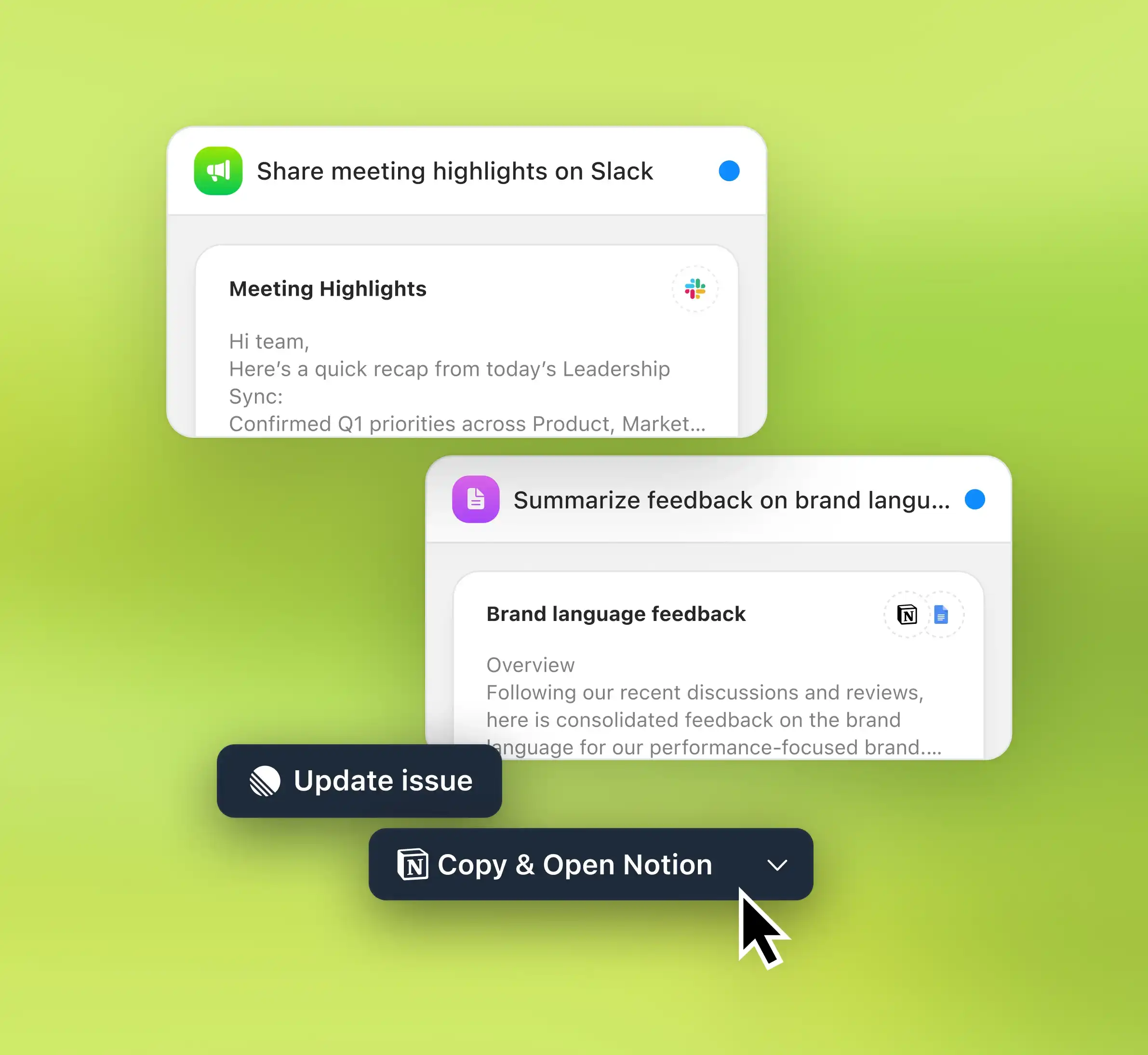 Radiant AI connecting with tools to auto-draft documents, emails, tickets, and more.
