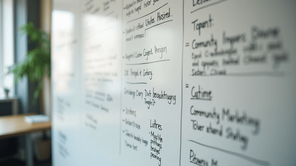 High angle view of a whiteboard with community marketing strategy notes