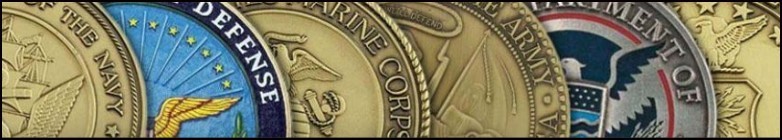 A zoomed in view of challenge coins from each branch of the US military.