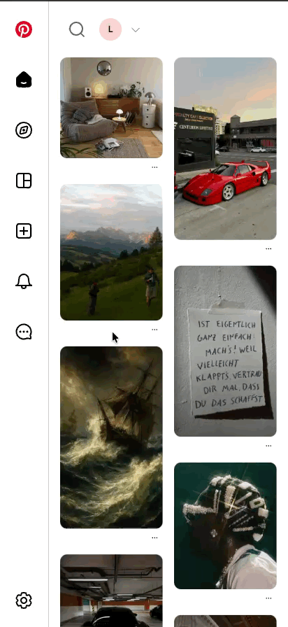 Screenshot der Smartphone-Ansicht des Pinterest-Feeds, der das Prinzip des Infinite Scroll anhand von asymmetrisch angeordneten, bildstarken Kacheln aus den Bereichen Interieur, Automobile, Landschaften und Typografie ohne sichtbares Seitenende verdeutlicht