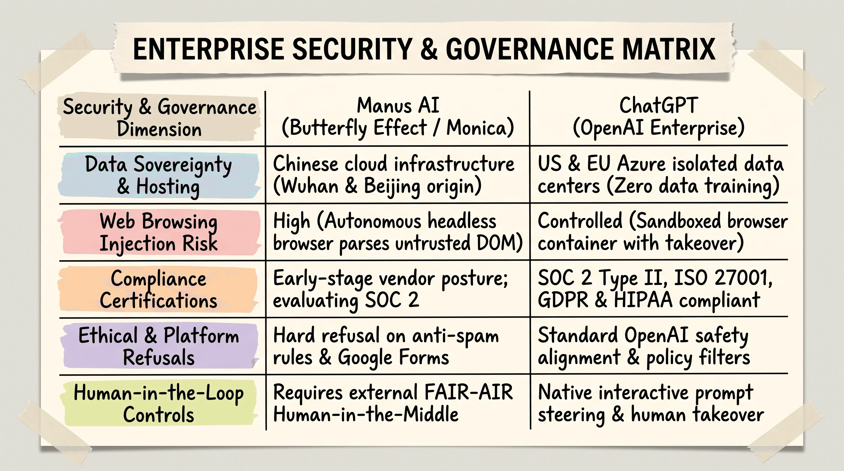 Enterprise security and data privacy matrix comparing Manus AI and ChatGPT cloud hosting compliance and risk controls