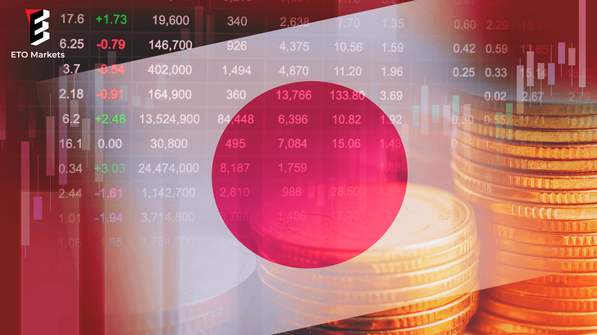 Japan flag, gold coins and numbers as backgorund