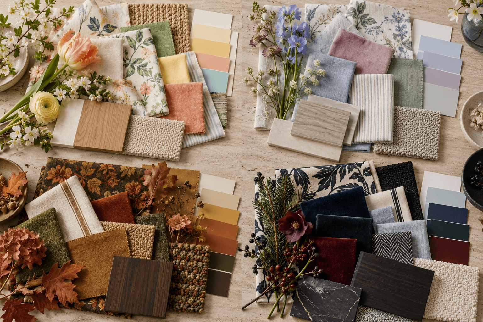Seasonal interior design mood boards with spring, summer, autumn, and winter color palettes using fabric, paint, wood, florals, and rug samples.