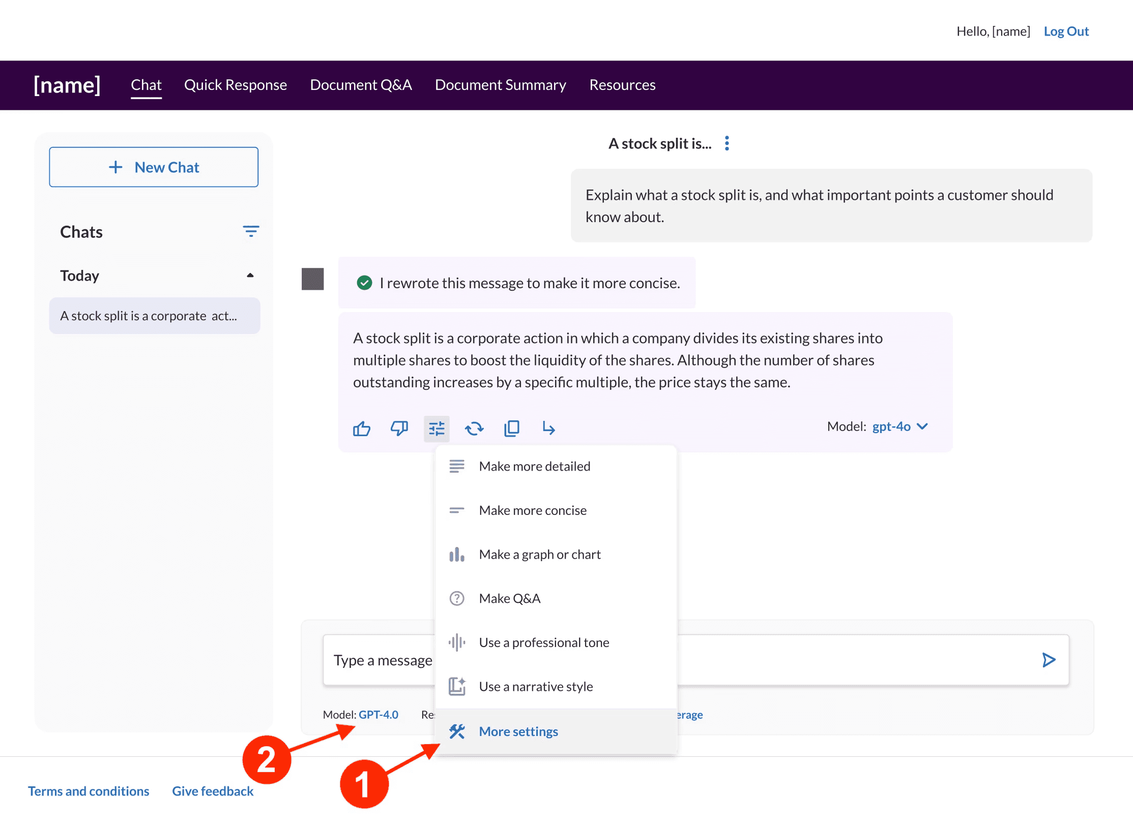 A chat interace showing a response from the AI that is selected and an options menu opened.