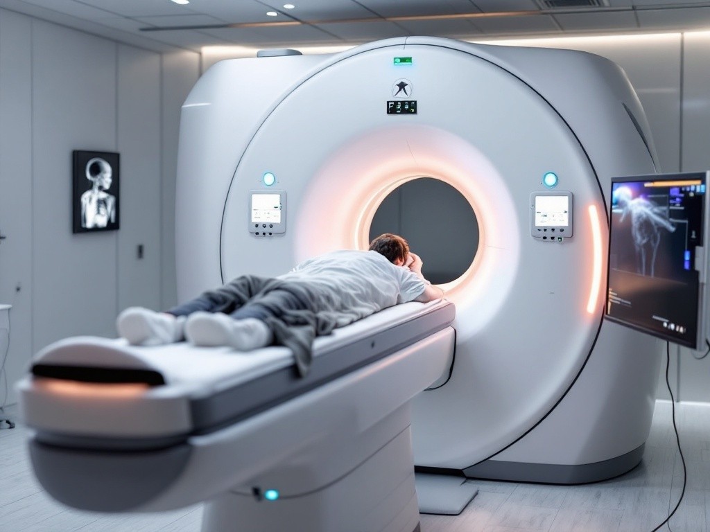 A patient lying on a table inside a CT scanner.