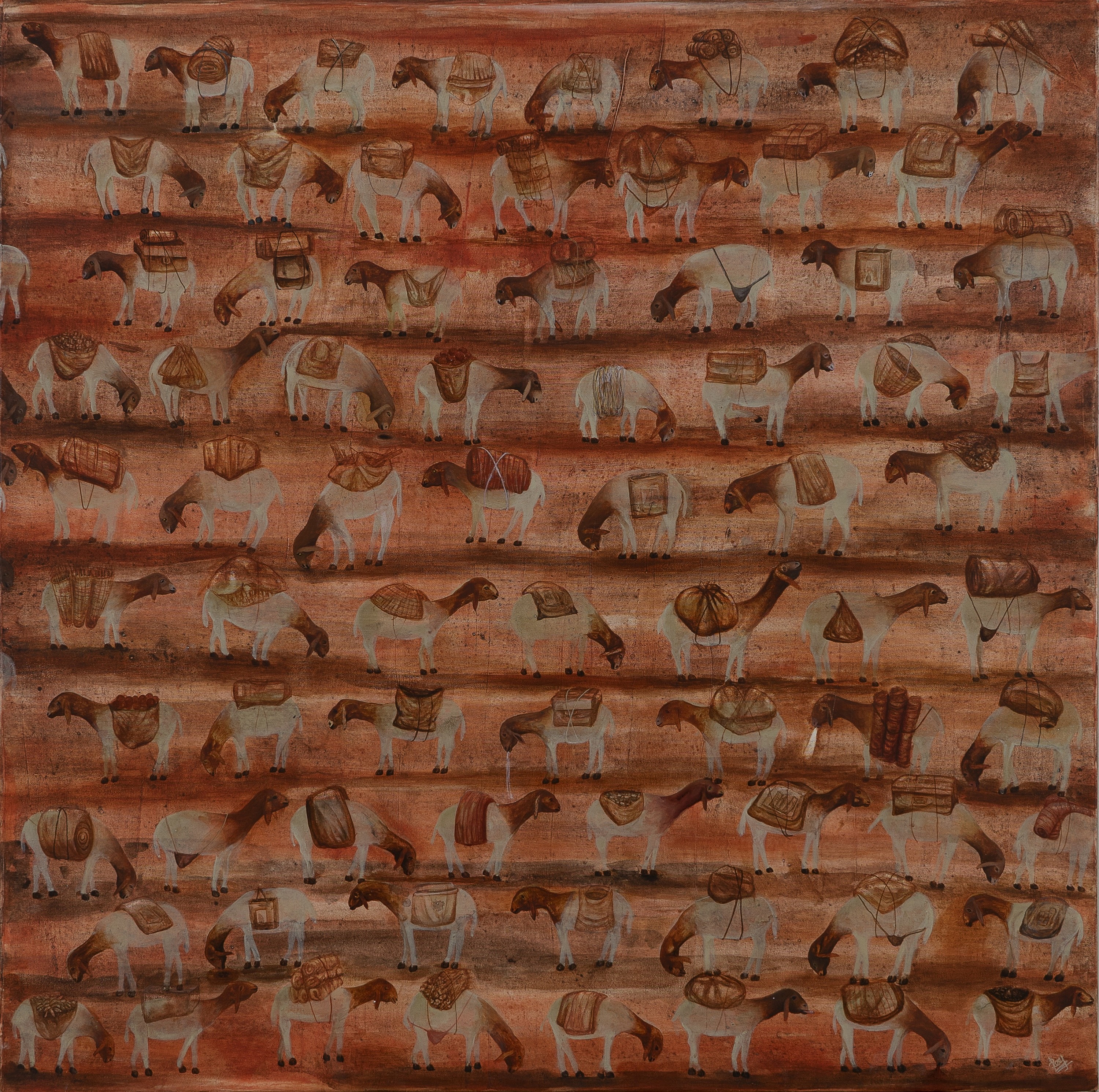 herd of sheep on road painting