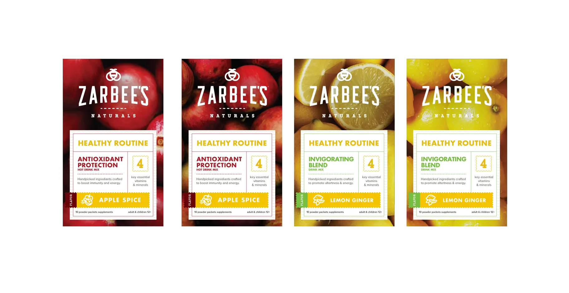 Four Zarbee's Naturals Healthy Routine packaging designs for Apple Spice and Lemon Ginger flavors, applying the approved logo to full-bleed fruit photography backgrounds with the refined information hierarchy, deckle-edge details, and color-coded flavor strips.
