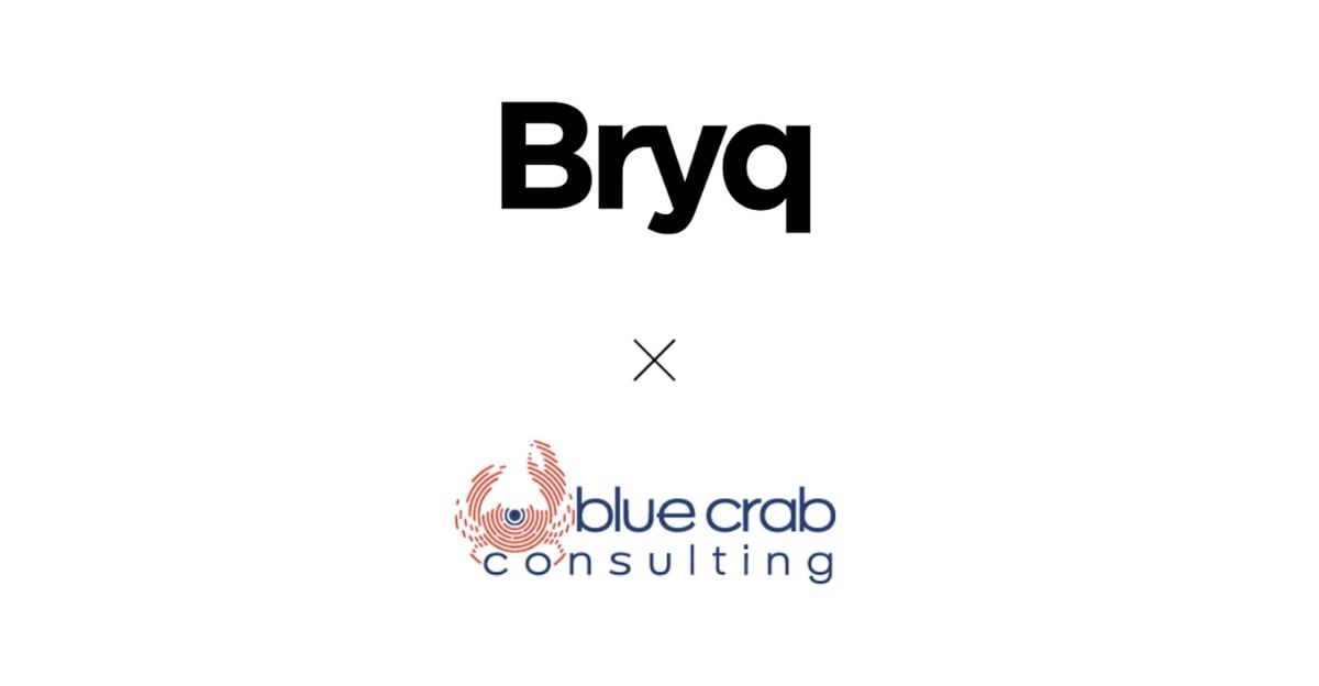 Bryq logo above Blue Crab Consulting logo with a connecting line.