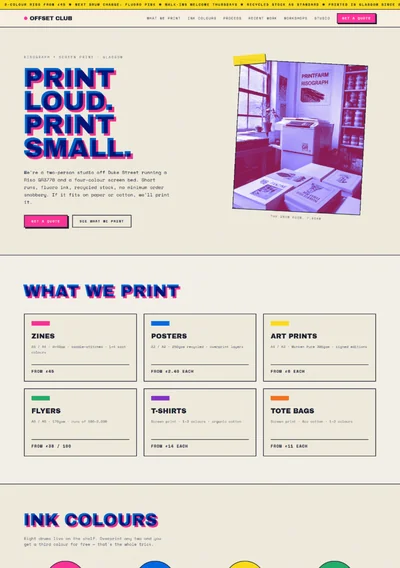 Print shop website built with AI showing a risograph ink hero on cream paper and product cards for zines and posters