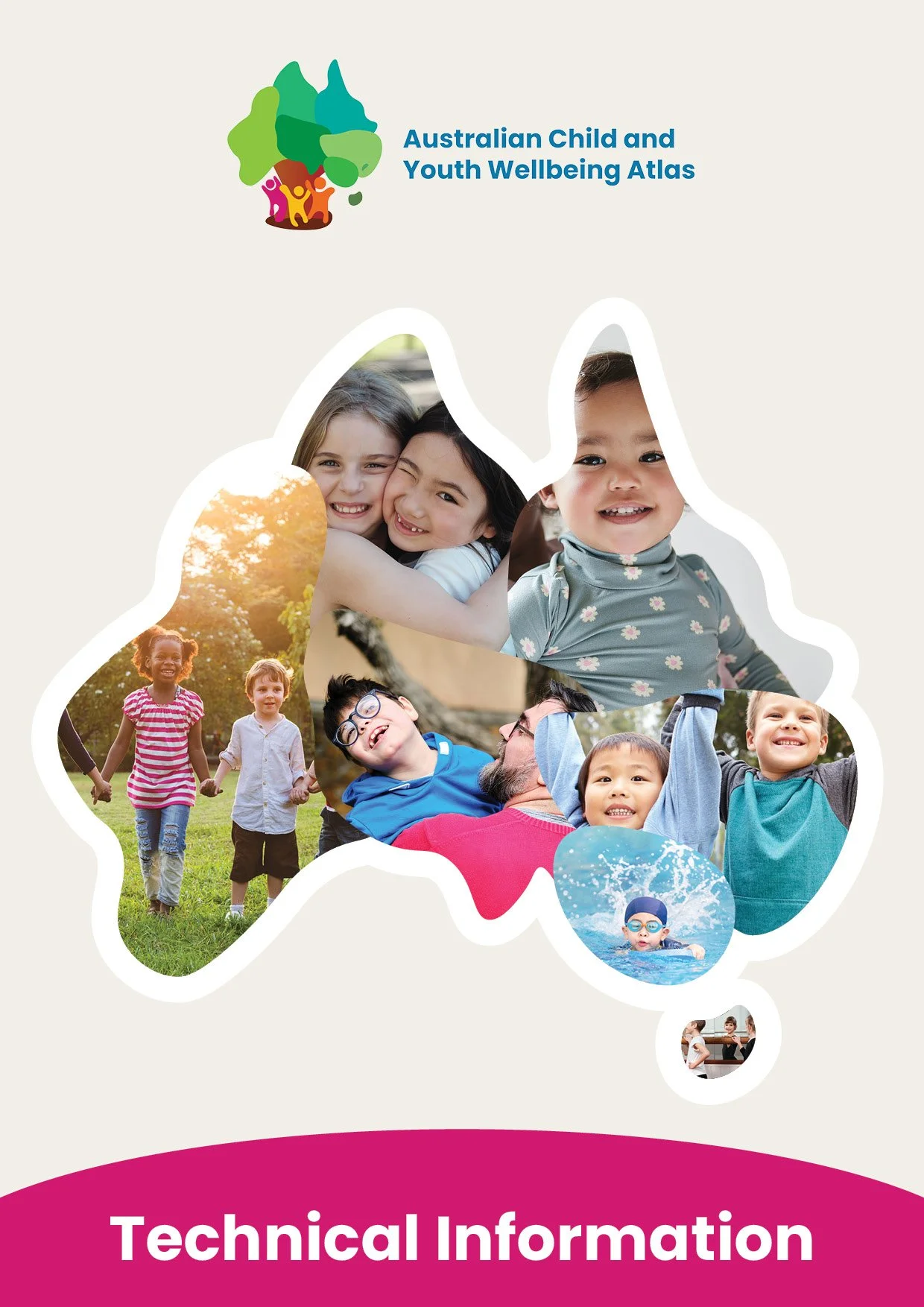 This image features the map of Australia filled with diverse, happy children, highlighting themes of youth well-being and community, set against a solid background with "Australian Child and Youth Wellbeing Atlas" text above and "Technical Information" below.
