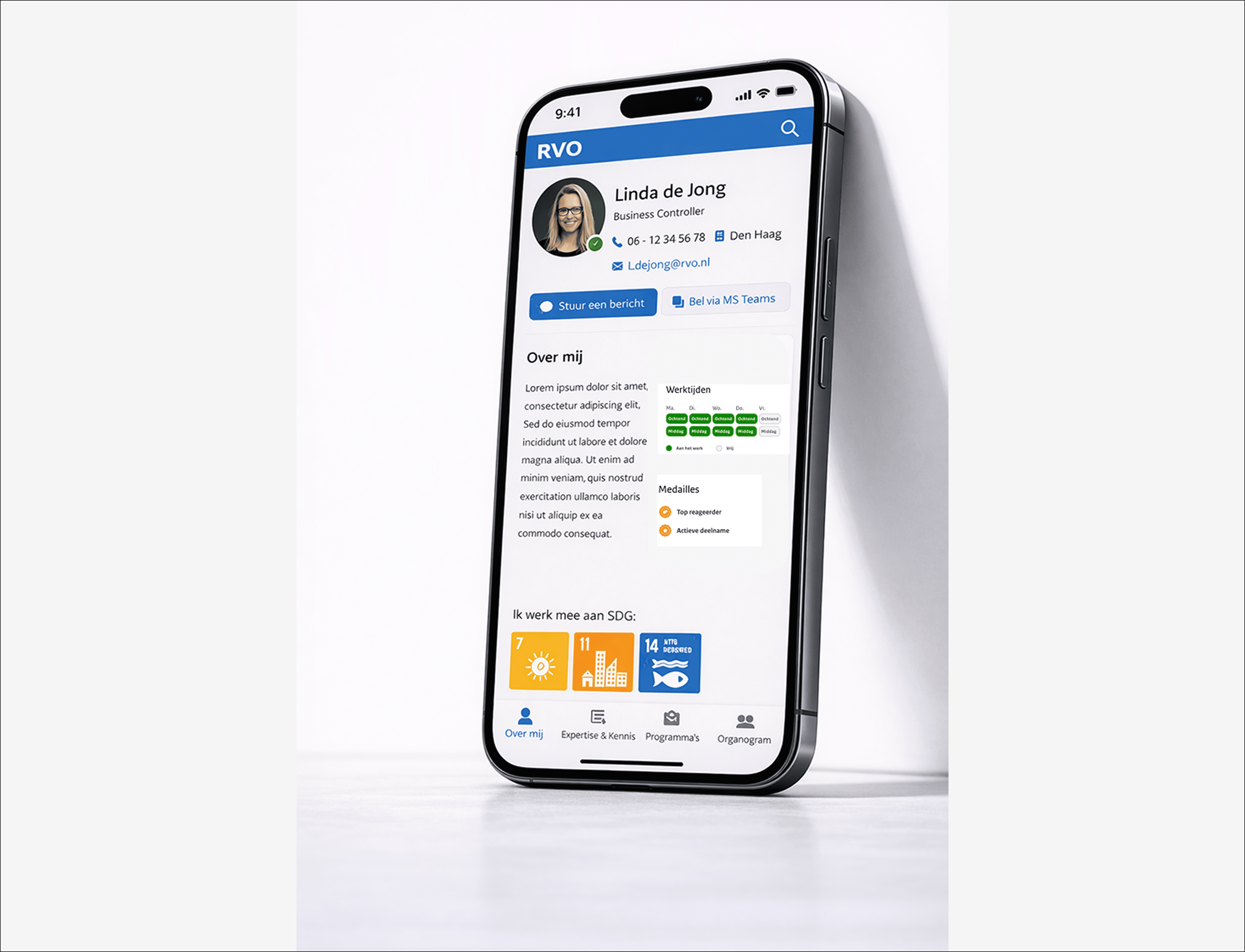 Smartphone mockup displaying the digital workplace interface