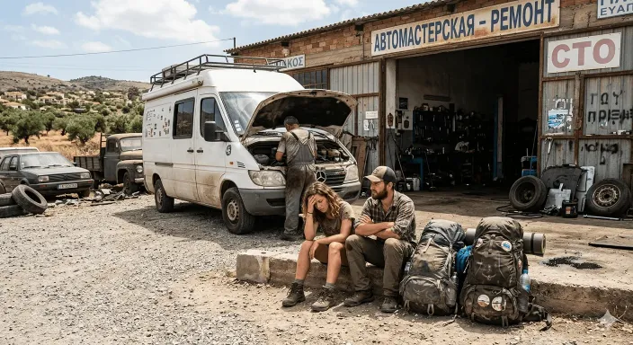 Pareja viajera frustrada esperando en un taller mecánico tras la avería inmovilizante de su furgoneta camper.