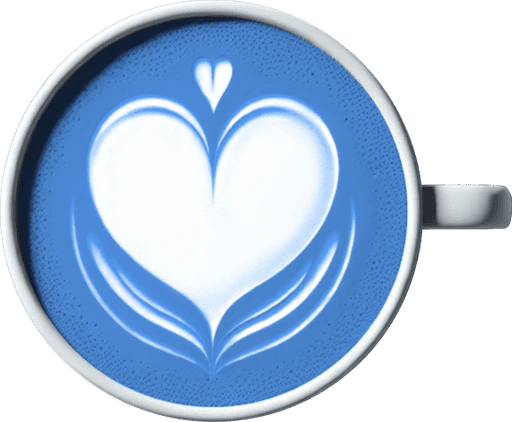 A cup in 3D containing a blue drink and has froth with a heart shape