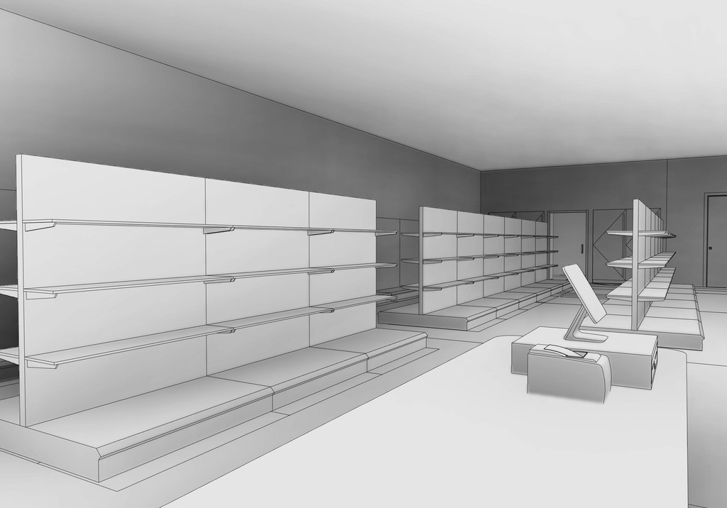 A minimalist interior with white shelves lining the walls and modern furniture arranged in the center of the room.