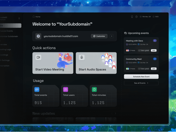 Huddle01 Business Dashboard mockup