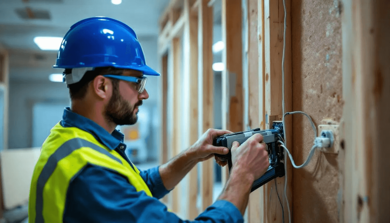 An electrical contractor is seen installing wiring in compliance with Title 24 Part 3 of the California Electrical Code, ensuring adherence to the latest regulations and safety standards. The image highlights the contractor's careful attention to electrical wiring techniques and the importance of following the California code for effective installation.