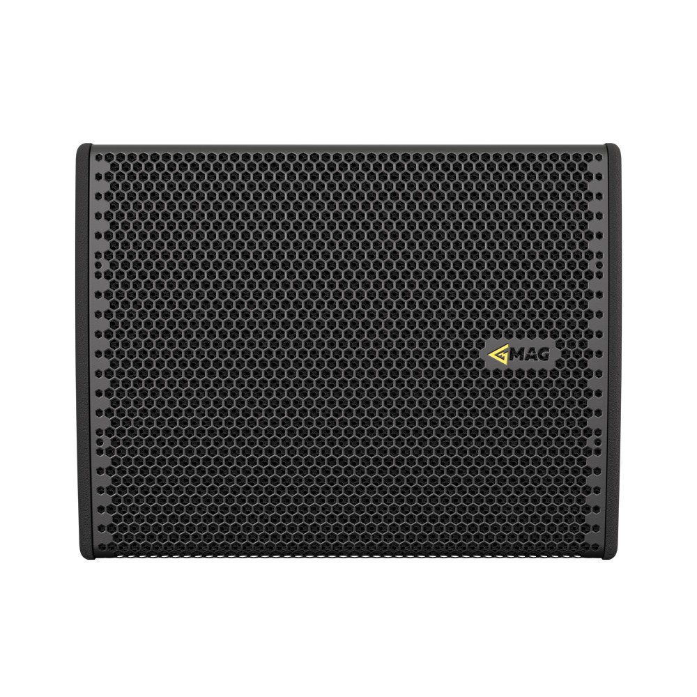 Black speaker with textured grille and MAG logo