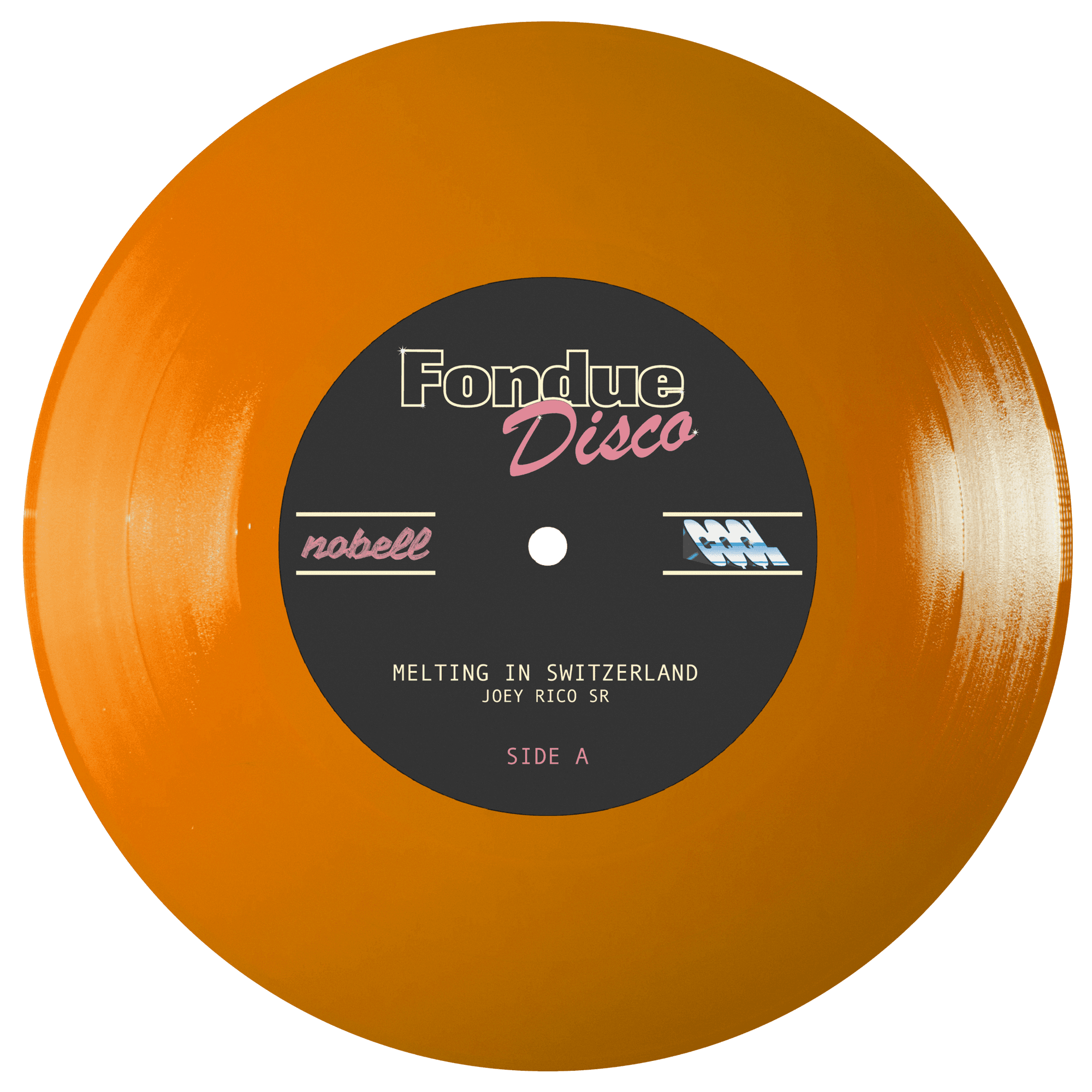 Orange vinyl record with black label featuring 'Fondue Disco' on a white background