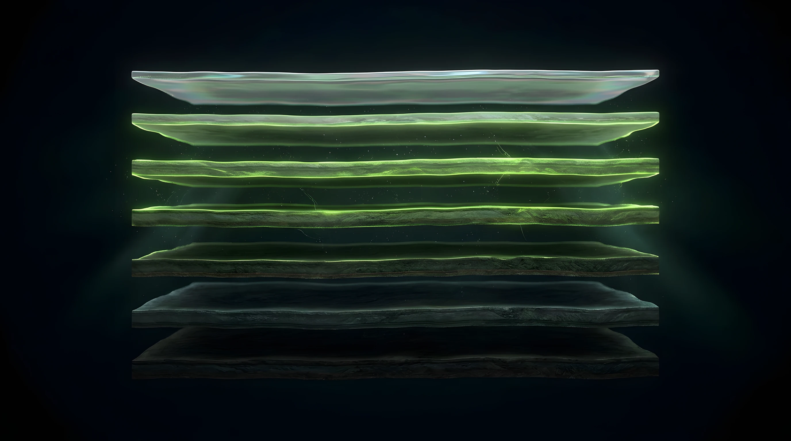 Bioluminescent Noir abstract: seven layered horizontal bands stacked like geological strata, the bottom three darker (beats, exclusives, sound design), the middle three brighter with toxic lime touches (sonic branding, templates, teaching), the top a faint chrome glow (royalties), suggesting compounding layers.