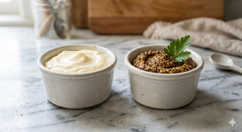 A comparison showing creamy mayonnaise on the left and coarse whole-grain spicy mustard on the right, served in small ceramic ramekins on a white marble countertop.