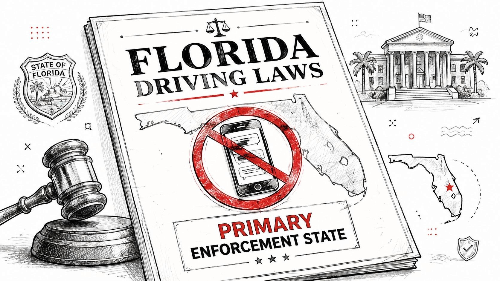 An educational illustration about Florida driving laws, showing a smartphone inside a prohibition sign on a map.