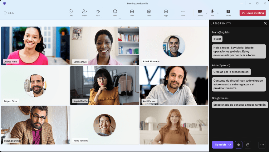 Two individuals video conferencing with translated text alongisde the video.
