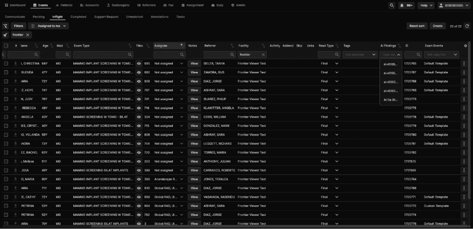The image displays a table with various columns such as 'Patients', 'Radiologists', 'Exams', 'Accounts', and 'Assignments', along with details like names, ages, exam types, and assigned IDs.

AI-generated content may be incorrect.