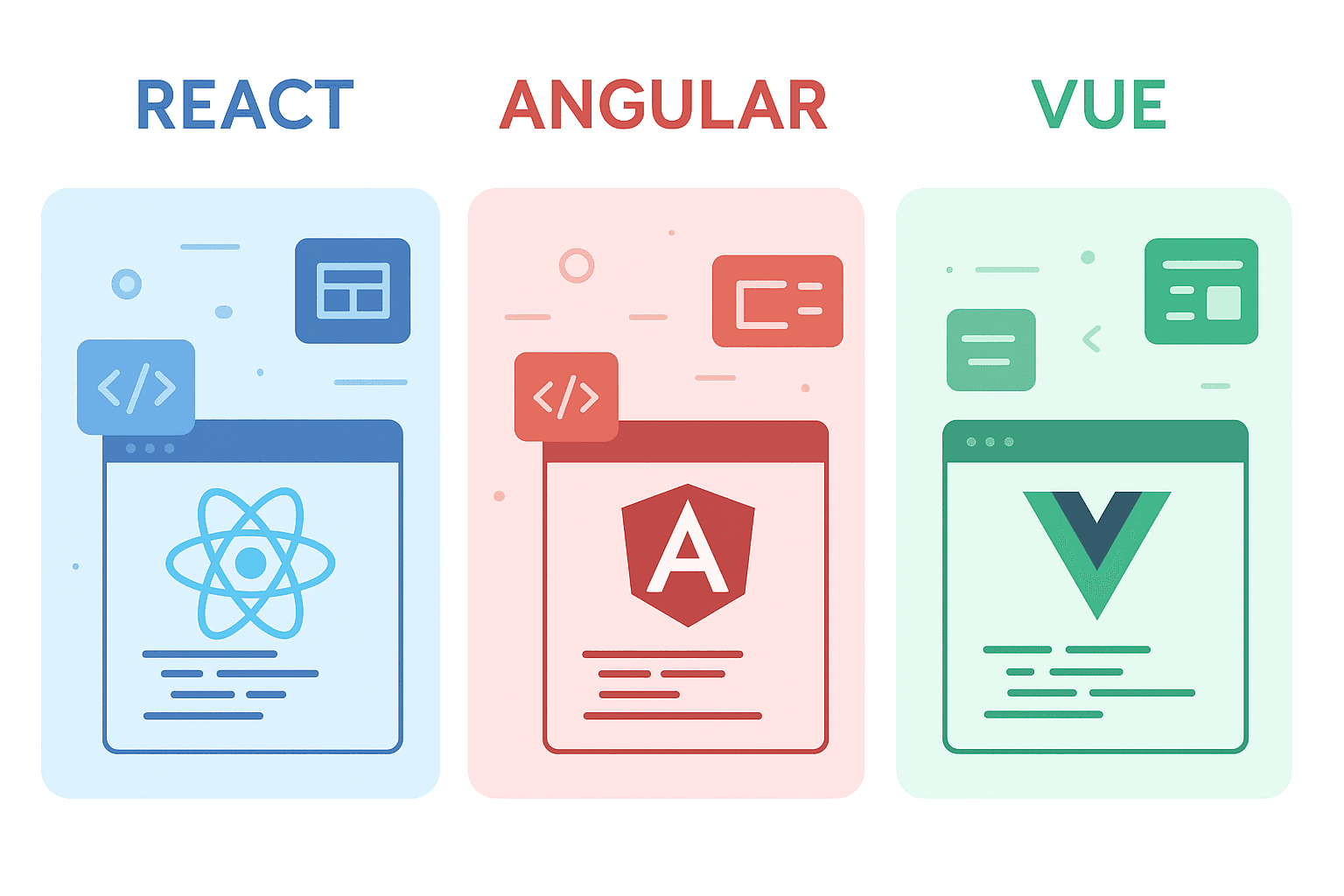 Google-style vector illustration showing three developers comparing frontend frameworks — React, Vue, and Angular — represented as branching paths symbolizing flexibility, simplicity, and structure.