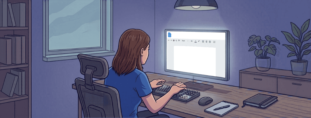 A woman sitting by a computer, feeling frozen