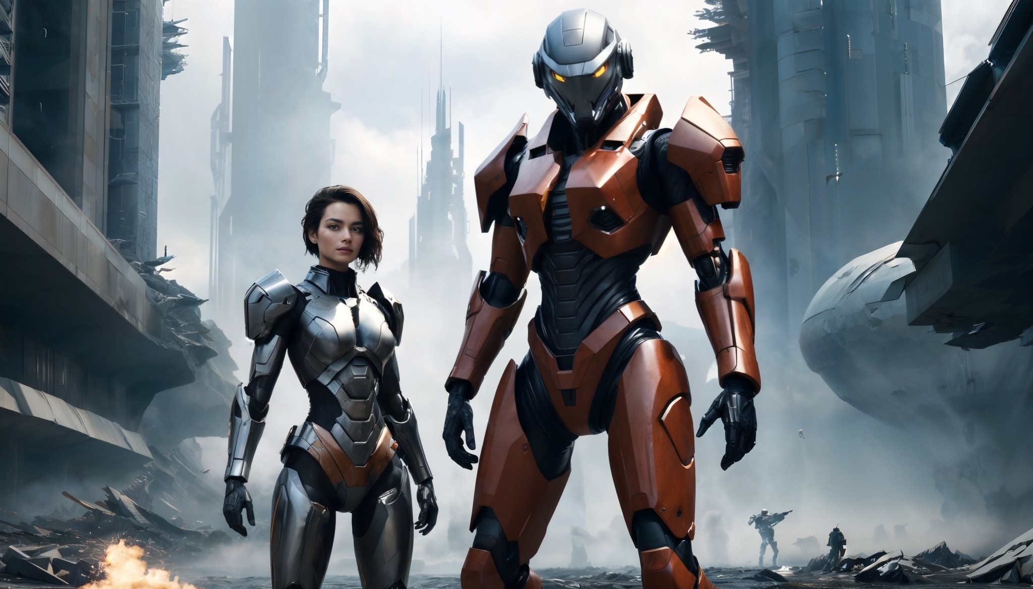 Two futuristic sci-fi figures posed in front of a sci-fi urban warzone, one is a big cyborg robot, and clad in red and black armour and has a chrome head, the other is a young slender woman, and clad in chrome and black armour.