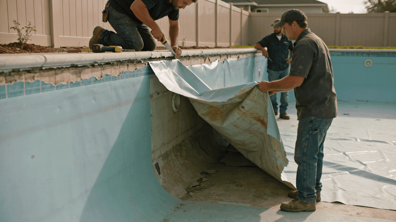 Removing old vinyl liner during liner to fiberglass pool conversion