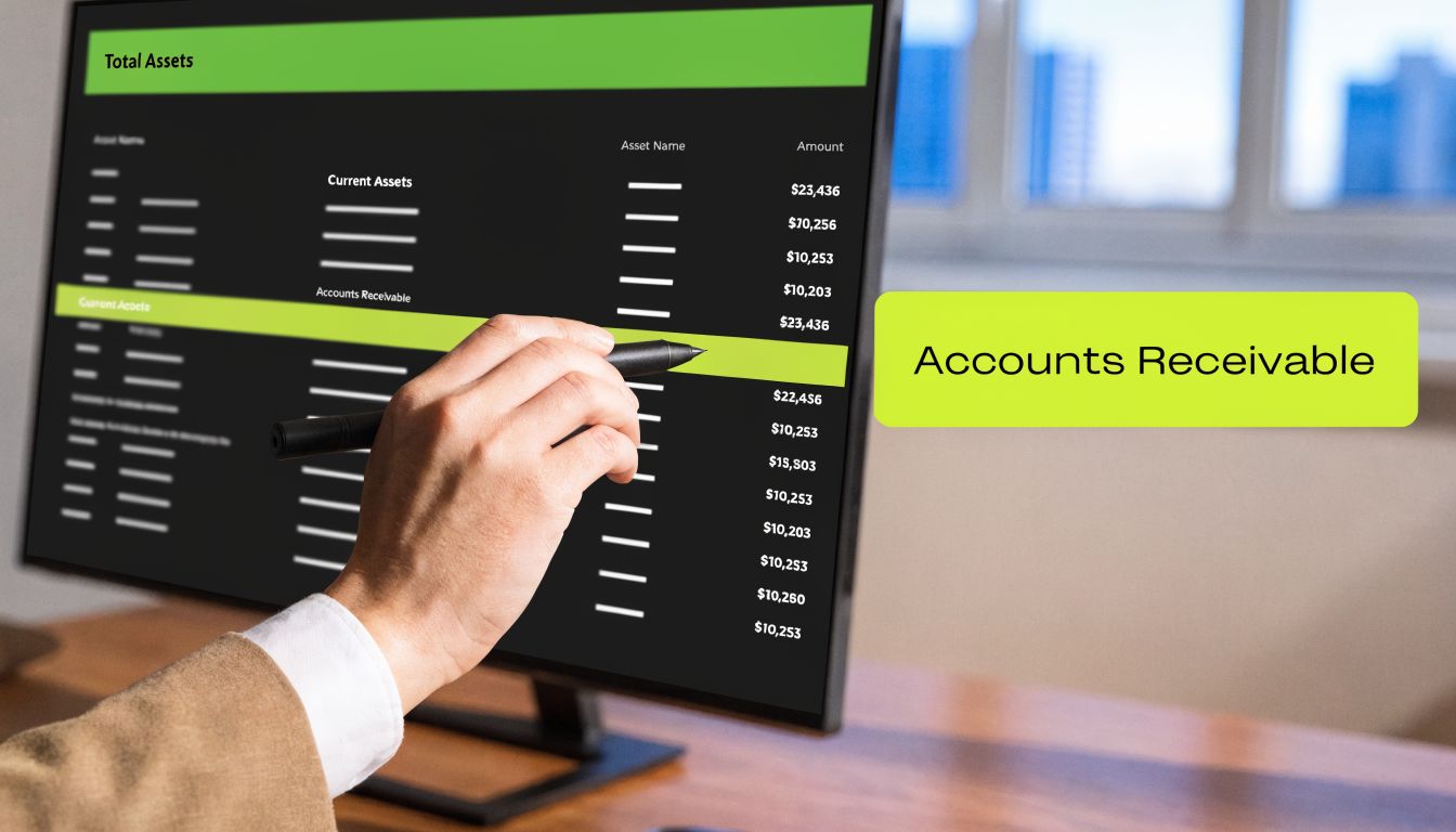 A professional hand using a stylus on a monitor displaying financial asset data, specifically Accounts Receivable.