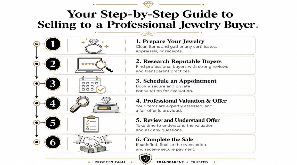 A six-step infographic guide explaining how to sell jewelry to a professional buyer securely and transparently.