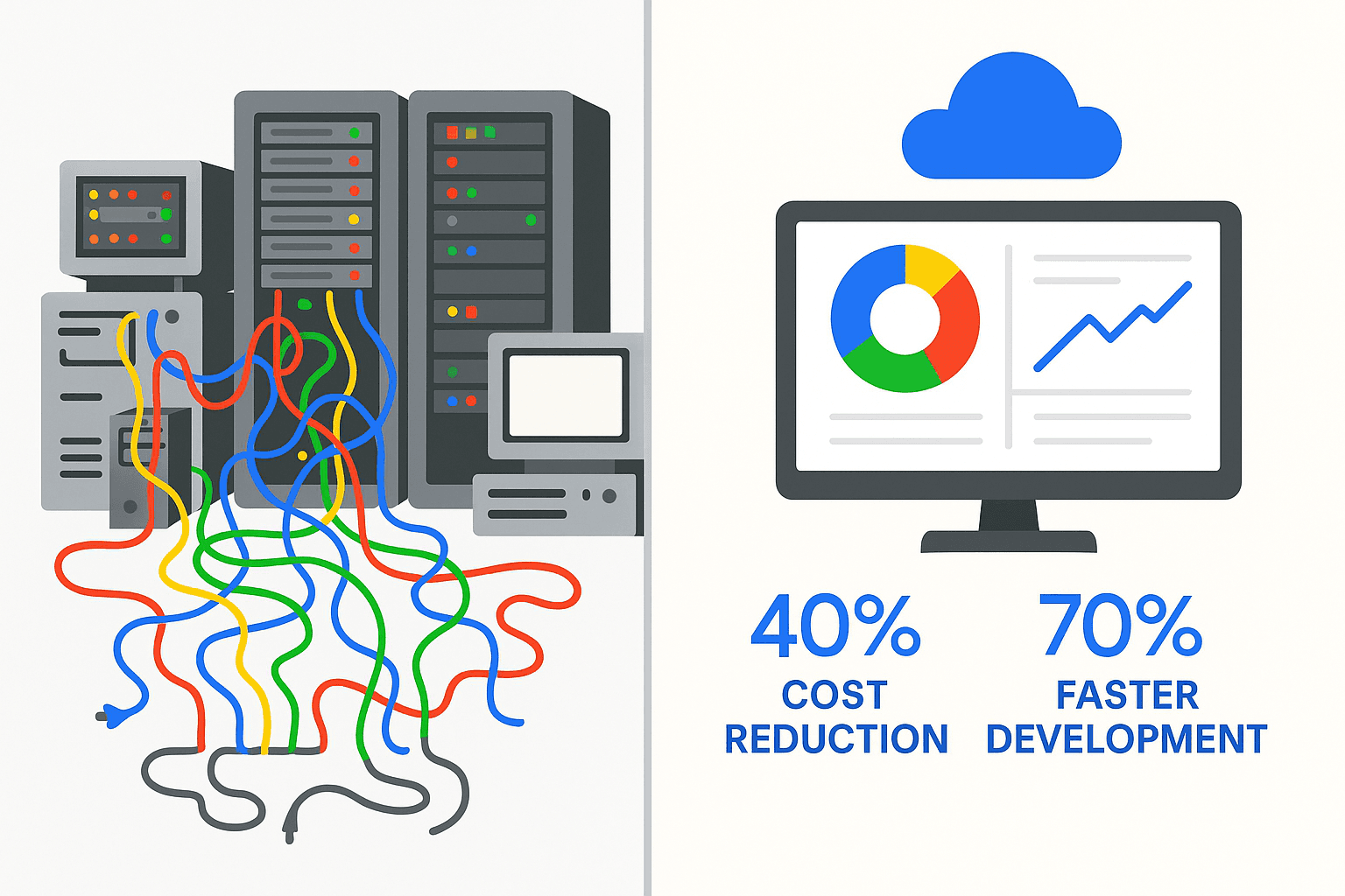 Before-and-after comparison vector illustration showing a cluttered legacy data center versus a modern cloud dashboard, highlighting 40% cost reduction and 70% faster development.
