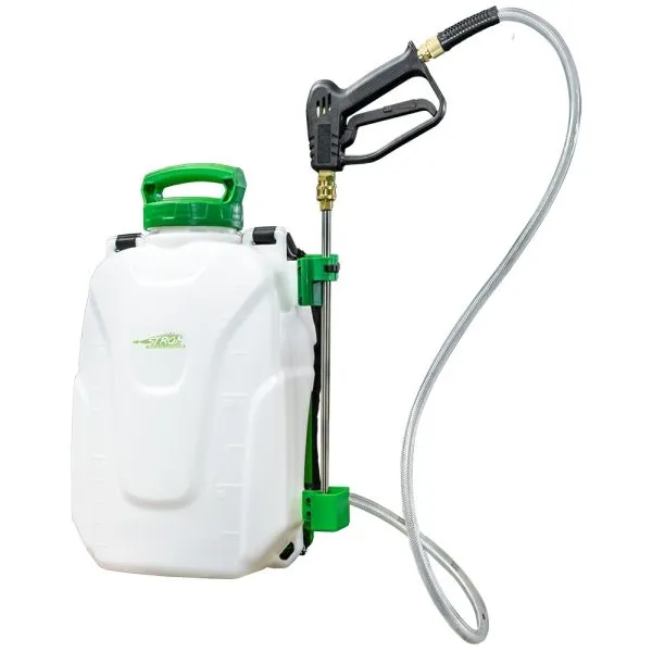 handheld sprayer with a long nozzle, hose, and adjustable strap