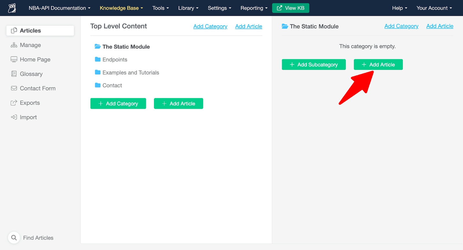 A screenshot highlighting the "Add Article" button in KnowledgeOwl.