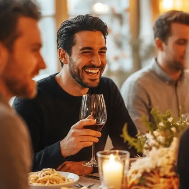 A gay man laughing at Mingleo dinner