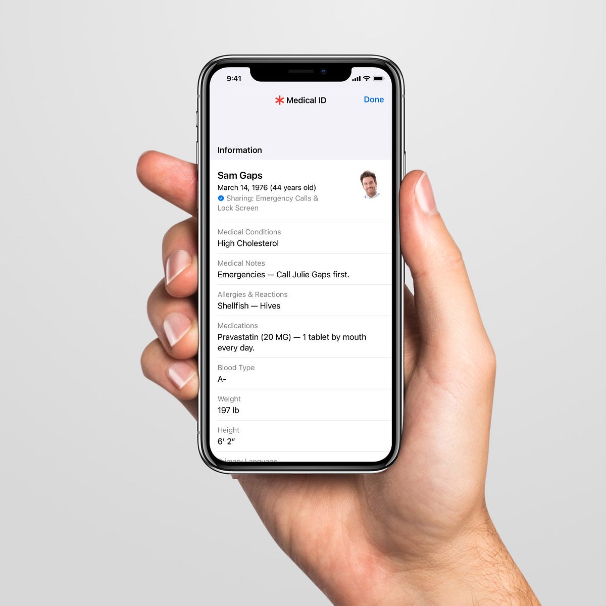 Screenshot of Apple's Medical ID, allowing to save user's personal medical information 