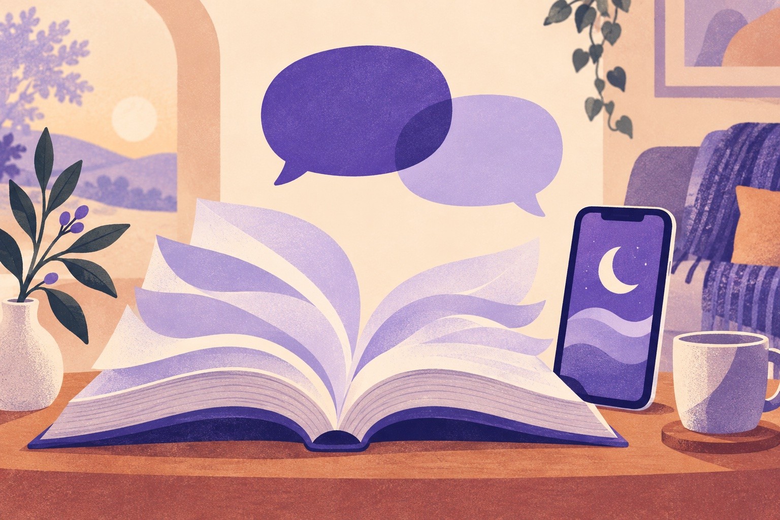 An open book with pages fanning out next to a phone showing a crescent moon, with two overlapping speech bubbles above them on a desk.