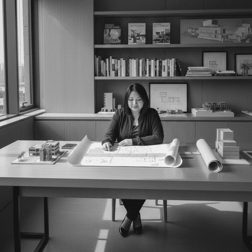 A woman sitting at a desk in a modern office, working on a laptop with documents and plants around her. Sunlight filters through large windows in the background.