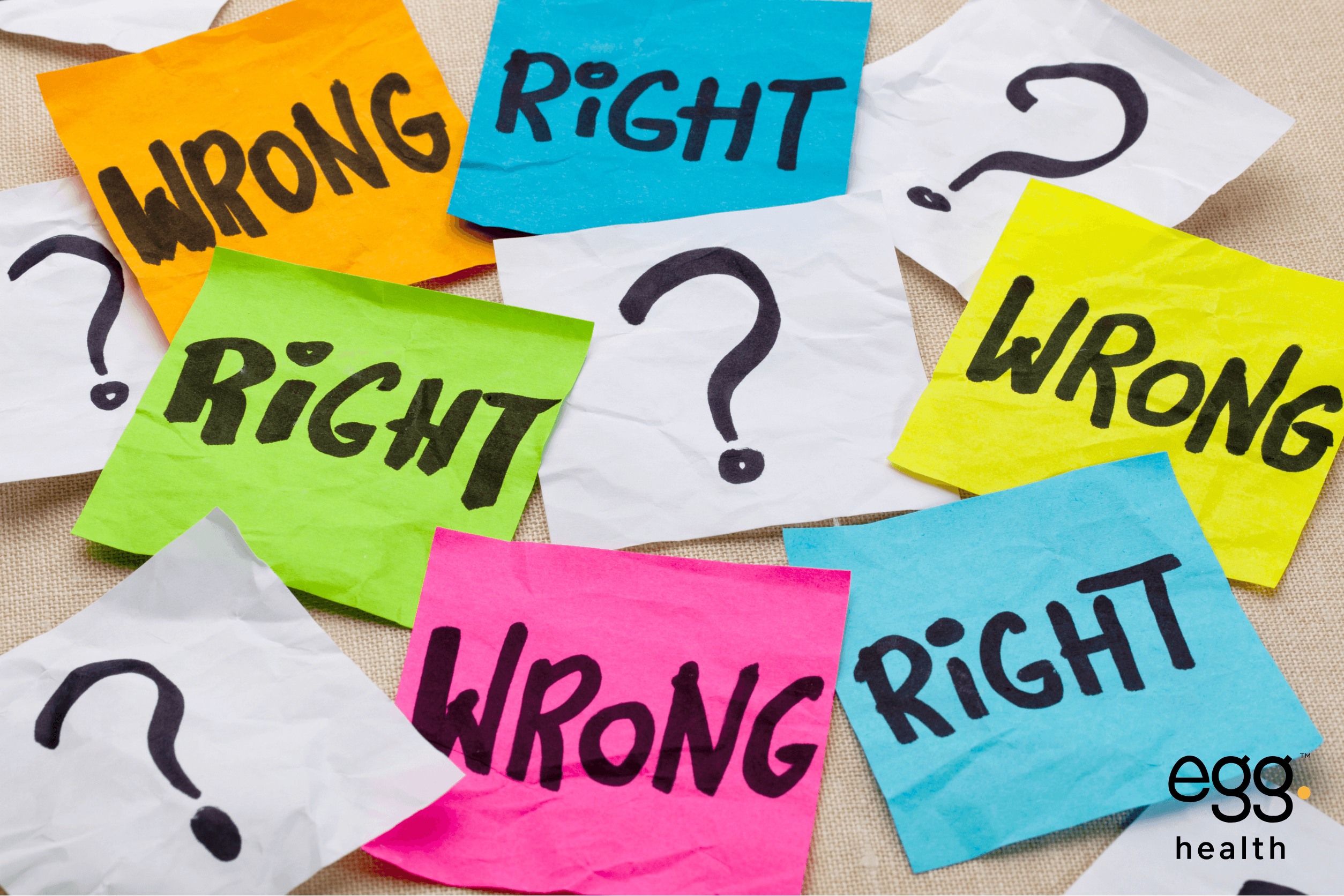 Colorful sticky notes with the words 'Right,' 'Wrong,' and question marks, symbolizing confusion and decision-making, representing the importance of accurate information in business listings. The Egg Health logo appears in the bottom-right corner.