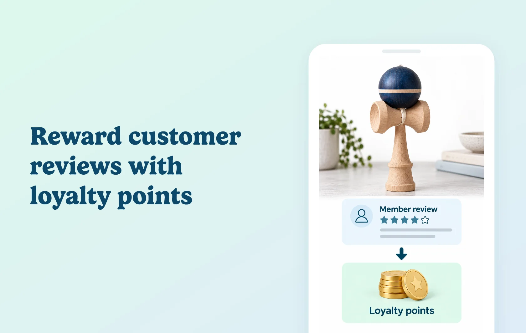Judge.me and MR.POINT integration: illustration of a registered-customer review of a kendama toy connected to a loyalty-points reward inside a phone.