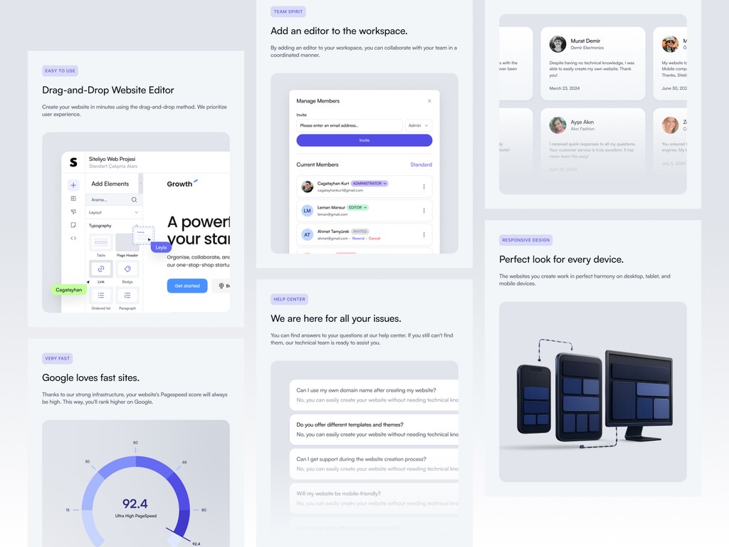 Feature breakdown of Siteliyo platform including drag-and-drop editor, team management, and responsive previews