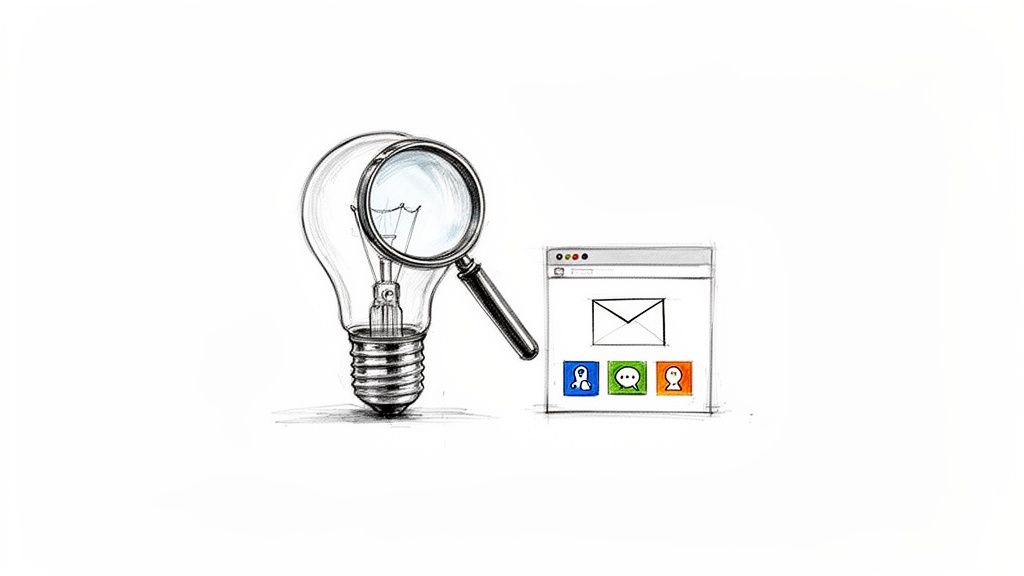 Sketch of a lightbulb, magnifying glass, and digital interface representing idea generation to product development.