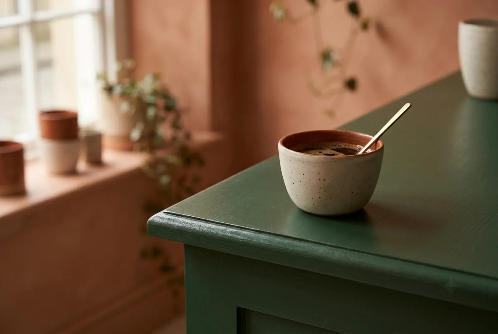 A coffee cup on the edge of a deep green painted counter against a terracotta wall
