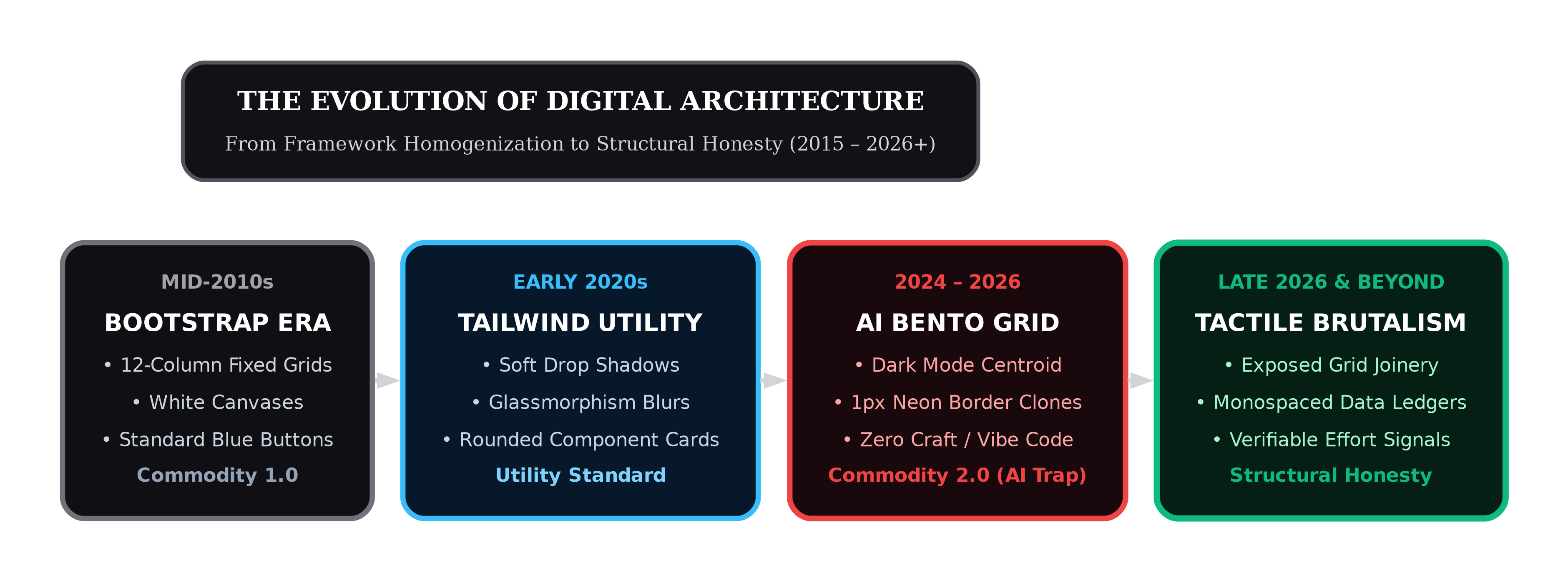 Chronological timeline diagram showing the evolution of digital architecture from the mid-2010s Bootstrap era and Tailwind utility standards to 2026 AI Bento grids and Tactile Brutalism.