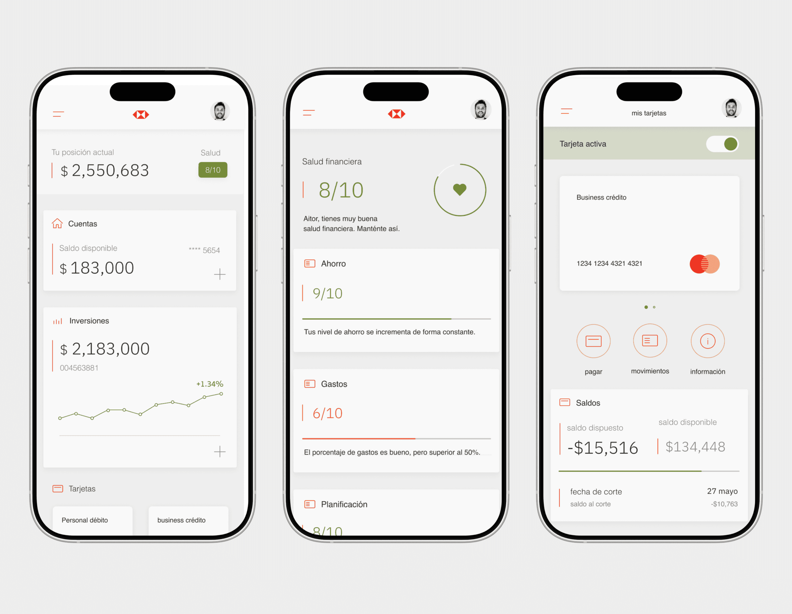 tres pantallas de iphone con distintos momentos de la aplicación. Saldos, salud financiera y ver tarjeta.